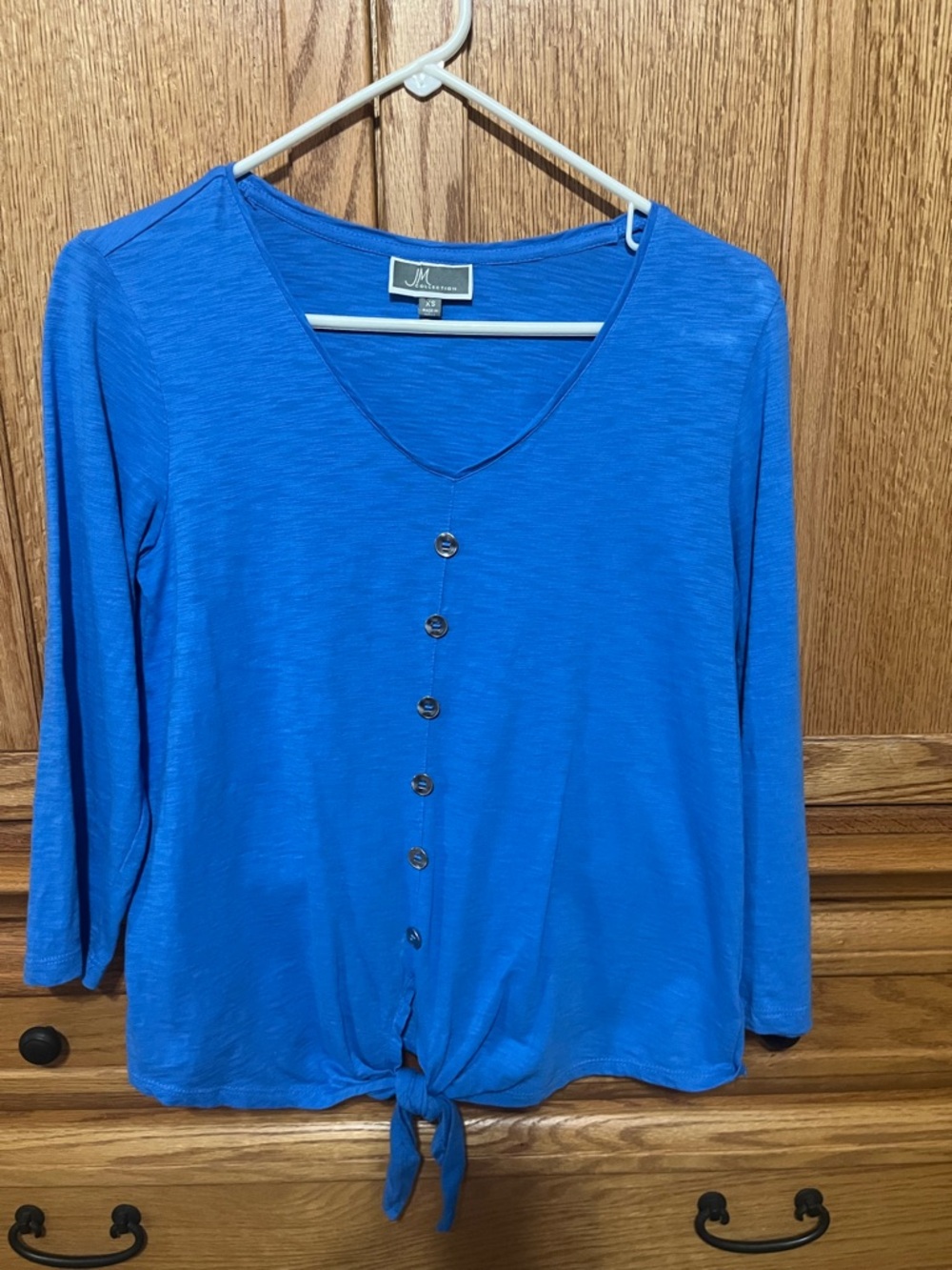 JM Collection Royal Blue V-Neck Button Front Tie Hem Top